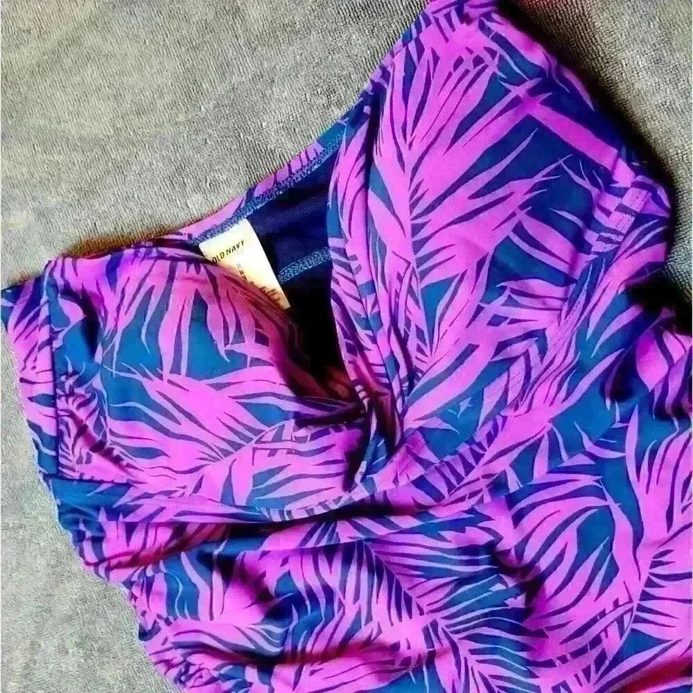 OLD NAVY Strapless PURPLE and NAVY BLUE Fern Print Swim Bathing Suit One Piece M